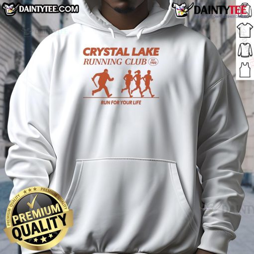 Good Crystal Lake Running Club 'Run For Your Life' hoodie, established in 1980, perfect for runners and enthusiasts.