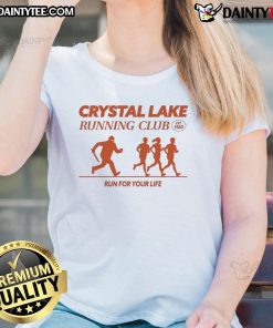 Good Crystal Lake Running Club 'Run For Your Life' ladies tee, established 1980, featuring a vibrant design and comfortable fit.