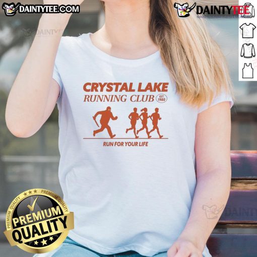 Good Crystal Lake Running Club 'Run For Your Life' ladies tee, established 1980, featuring a vibrant design and comfortable fit.
