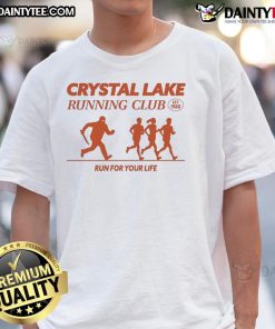 Alt Text: Good Crystal Lake Running Club 'Run For Your Life' T-Shirt, established 1980, perfect for runners and fitness enthusiasts.