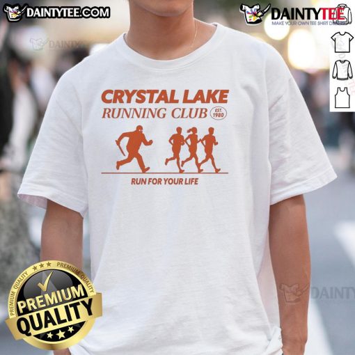 Alt Text: Good Crystal Lake Running Club 'Run For Your Life' T-Shirt, established 1980, perfect for runners and fitness enthusiasts.