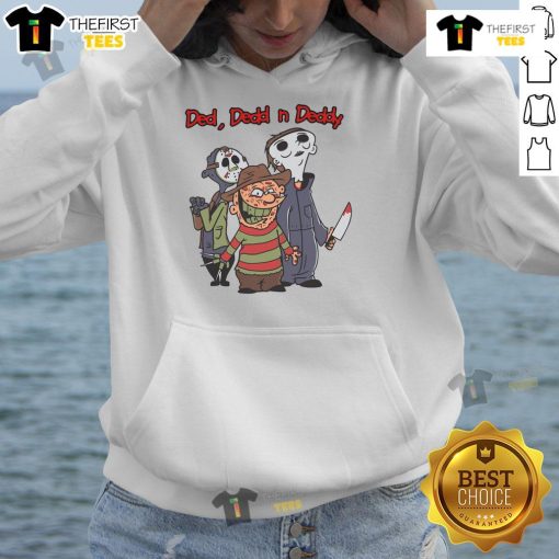 Good Ded Dedd N Deddy horror movie killers cartoon Halloween hoodie featuring spooky characters for festive style.