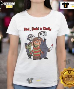 Cartoon design featuring Good Ded Dedd N Deddy horror movie killers on a Halloween ladies tee, perfect for spooky season.