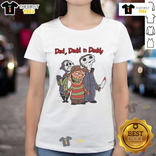 Cartoon design featuring Good Ded Dedd N Deddy horror movie killers on a Halloween ladies tee, perfect for spooky season.
