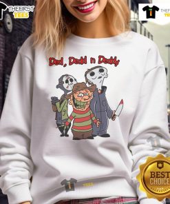 Cartoon design of Good Ded Dedd N Deddy horror movie killers on a Halloween sweatshirt, perfect for spooky season style.