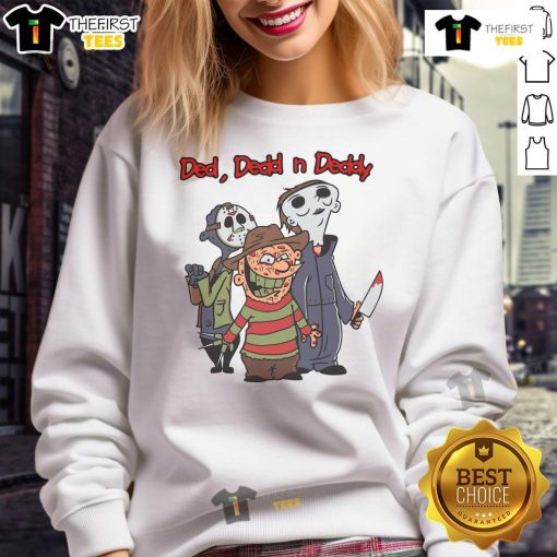 Cartoon design of Good Ded Dedd N Deddy horror movie killers on a Halloween sweatshirt, perfect for spooky season style.