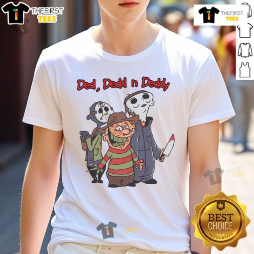 Good Ded Dedd N Deddy horror movie killers cartoon Halloween T-shirt featuring spooky characters for Halloween fun.