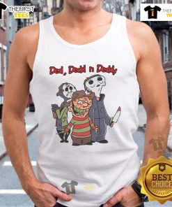 Cartoon design of Good Ded Dedd N Deddy horror movie killers on a Halloween tank top, perfect for spooky season style.