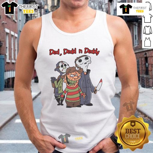 Cartoon design of Good Ded Dedd N Deddy horror movie killers on a Halloween tank top, perfect for spooky season style.