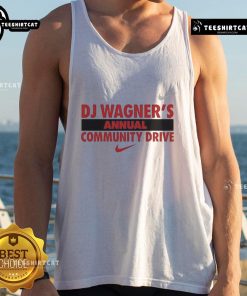 Alt Text: Good DJ Wagners Annual Community Drive tank top featuring vibrant graphics and event details for local charity support.