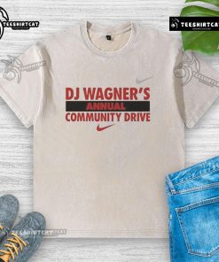 Good DJ Wagner's Annual Community Drive washed t-shirt featuring vibrant design and event details for charity support.