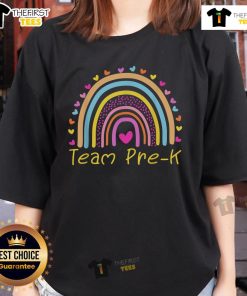 Good First Day of Team Pre-K Squad Crew Teacher Rainbow Ladies Tee showcasing vibrant colors and playful design.