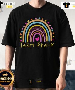 Good First Day Of Team Pre-K Squad Crew Teacher Rainbow T-Shirt featuring vibrant colors and playful design for educators.