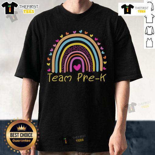 Good First Day Of Team Pre-K Squad Crew Teacher Rainbow T-Shirt featuring vibrant colors and playful design for educators.