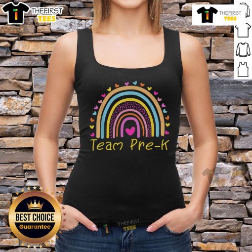 Good First Day of Team Pre-K Squad Crew wearing rainbow tank tops, smiling and ready for a fun school year ahead.