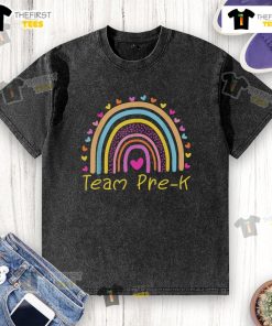 Colorful 'Good First Day of Team Pre-K Squad Crew' t-shirt featuring a vibrant rainbow design, perfect for teachers.