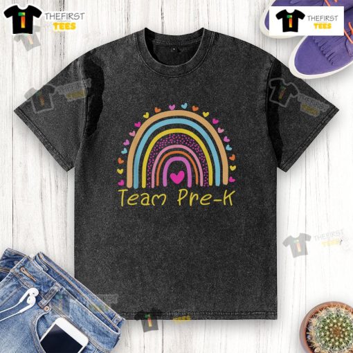 Colorful 'Good First Day of Team Pre-K Squad Crew' t-shirt featuring a vibrant rainbow design, perfect for teachers.