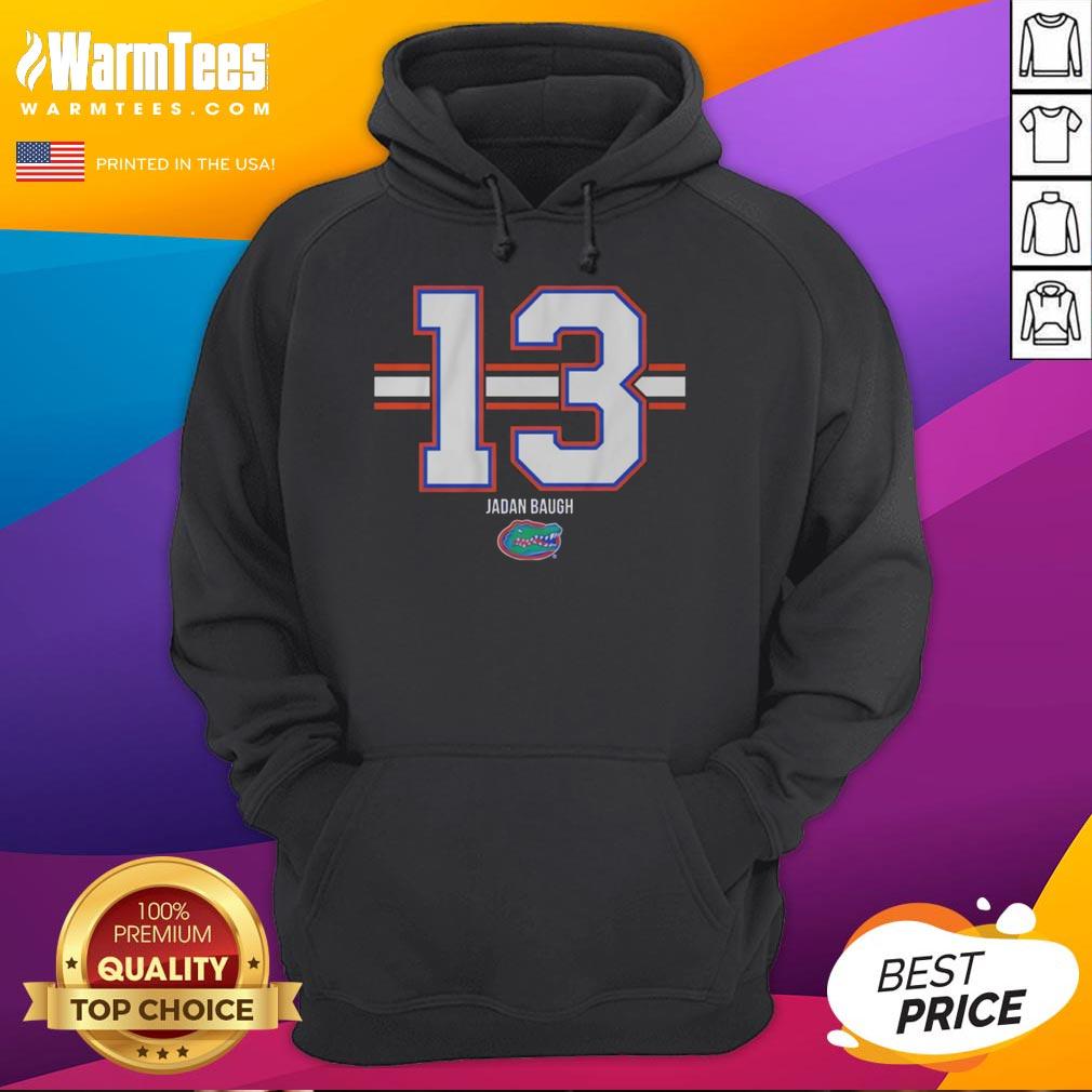 Good Florida Gators Football Jadan Baugh Number 13 Stripe Hoodie Alt Text: Jadan Baugh wearing a Florida Gators football hoodie, number 13, showcasing team colors and striped design.