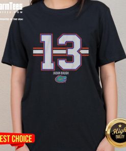 Alt Text: Good Florida Gators football ladies tee featuring Jadan Baugh, number 13, with stylish stripes and vibrant colors.