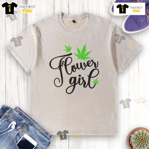 Alt Text: Good Flower Girl Cannabis Leaf washed t-shirt featuring a vibrant cannabis leaf design on a casual tee.