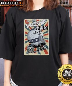 Retro spaceship graphic on 'Ride the Future' ladies tee, perfect for sci-fi fans and future design enthusiasts.