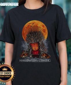 Good Halloween Is Coming Game of Thrones parody tee featuring Iron Throne, pumpkin, and skull design for ladies.
