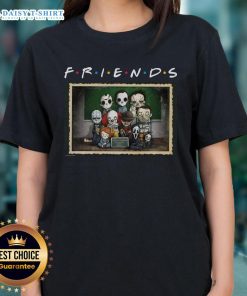 Good Horror Friends mashup featuring iconic scary movie characters on a ladies tee for horror fans.