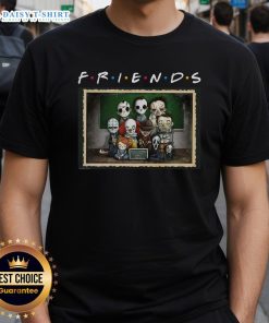 Good Horror Friends Scary Movie Characters Mashup Parody T-Shirt featuring iconic horror villains in a fun design.