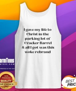 Tank top with 'Good I Have My Life to Christ' design in Cracker Barrel parking lot, perfect for casual Christian wear.