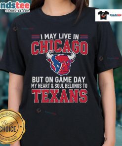 Chicago lady wearing a Houston Texans tee on game day, showcasing team spirit and loyalty to the Texans.