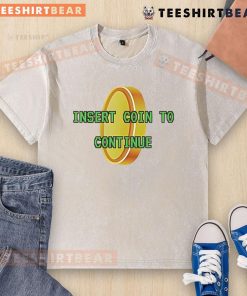 Good Insert Coin to Continue gold pixel washed t-shirt featuring retro game graphics on a stylish casual tee.