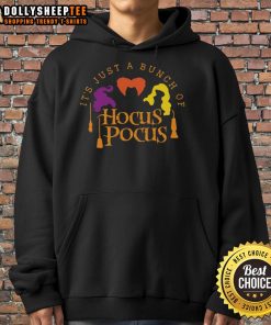 Stylish 'Good, It's Just a Bunch of Hocus Pocus' hoodie featuring spooky graphics, perfect for Halloween festivities.
