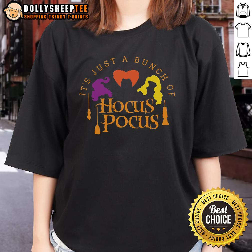 Good It'S Just A Bunch Of Hocus Pocus Ladies Tee Alt Text: Good It's Just A Bunch Of Hocus Pocus Ladies Tee featuring iconic characters from the classic Halloween movie.