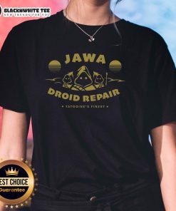 Good Jawa Robot Repair Tatooine's Finest Ladies Tee featuring a vibrant graphic design of a Jawa and robot tools.