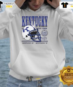 1984 Kentucky Wildcats helmet design on a hoodie, celebrating Kentucky's 20-19 victory over Wisconsin.