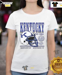 Alt Text: Vintage Kentucky Wildcats helmet from the 1984 game, showcasing Kentucky's 20-19 win over Wisconsin on a ladies' tee.