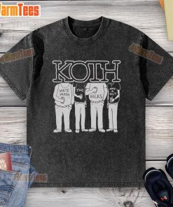 Alt Text: Good Koth White Trash Two Hicks and a Nut washed t-shirt displayed on a wooden background, showcasing its unique design.