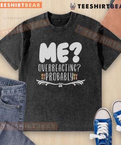 Person wearing a 'Good Me' t-shirt, humorously overreacting, showcasing a playful take on self-awareness and expression.