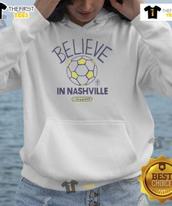 Good Nashville SC Homage hoodie inspired by Ted Lasso, featuring 'Believe' slogan and vibrant team colors.