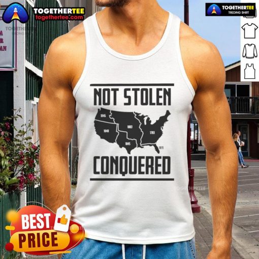 Good Not Stolen Conquered America map tank top featuring a bold graphic design and vibrant colors for casual wear.