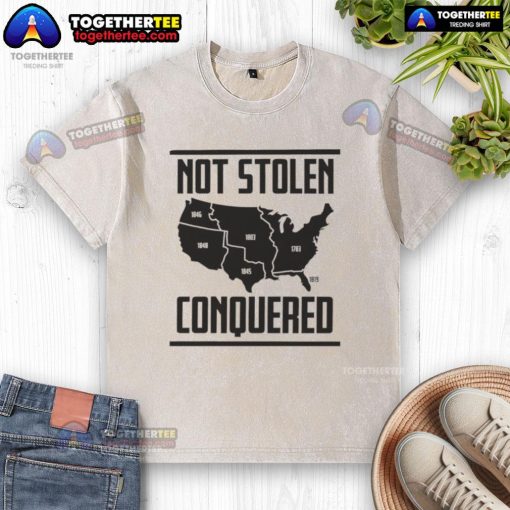 Good Not Stolen Conquered America map washed t-shirt featuring a vintage-style graphic design and comfortable fit.