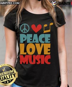 Good Peace Love Music Ladies Tee featuring a colorful graphic design on a stylish women's shirt for music lovers.
