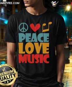 Good Peace Love Music T-Shirt featuring a colorful graphic design promoting peace and music vibes.
