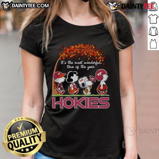 Alt Text: Good Peanuts Hokies Ladies Tee for the most wonderful time of the year, featuring festive design and vibrant colors.