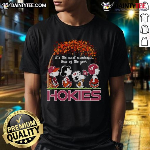 Good Peanuts Hokies T-Shirt featuring 'It's The Most Wonderful Time Of The Year' design for festive fans.