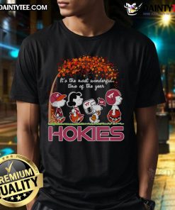 Good Peanuts Hokies T-Shirt featuring 'It's The Most Wonderful Time Of The Year' design for festive fans.