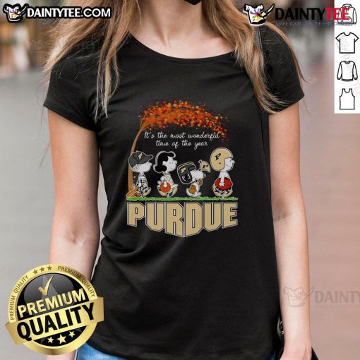 Purdue Ladies Tee featuring 'Good Peanuts, It's the Most Wonderful Time of the Year' design for festive wear.