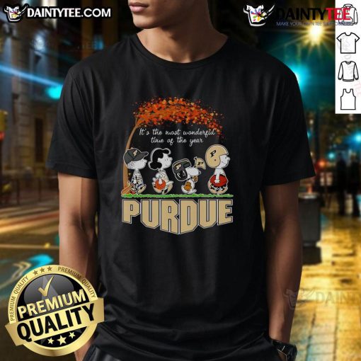 Good Peanuts It's The Most Wonderful Time Of The Year Purdue T-Shirt featuring festive design and school colors.