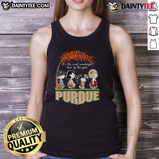 Purdue tank top featuring 'Good Peanuts, It's the Most Wonderful Time of the Year' design, perfect for festive occasions.