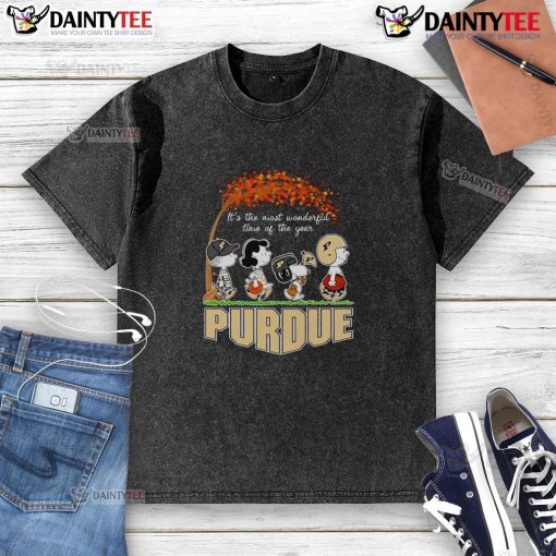 Good Peanuts Purdue washed t-shirt featuring festive design for 'It's the Most Wonderful Time of the Year' theme.